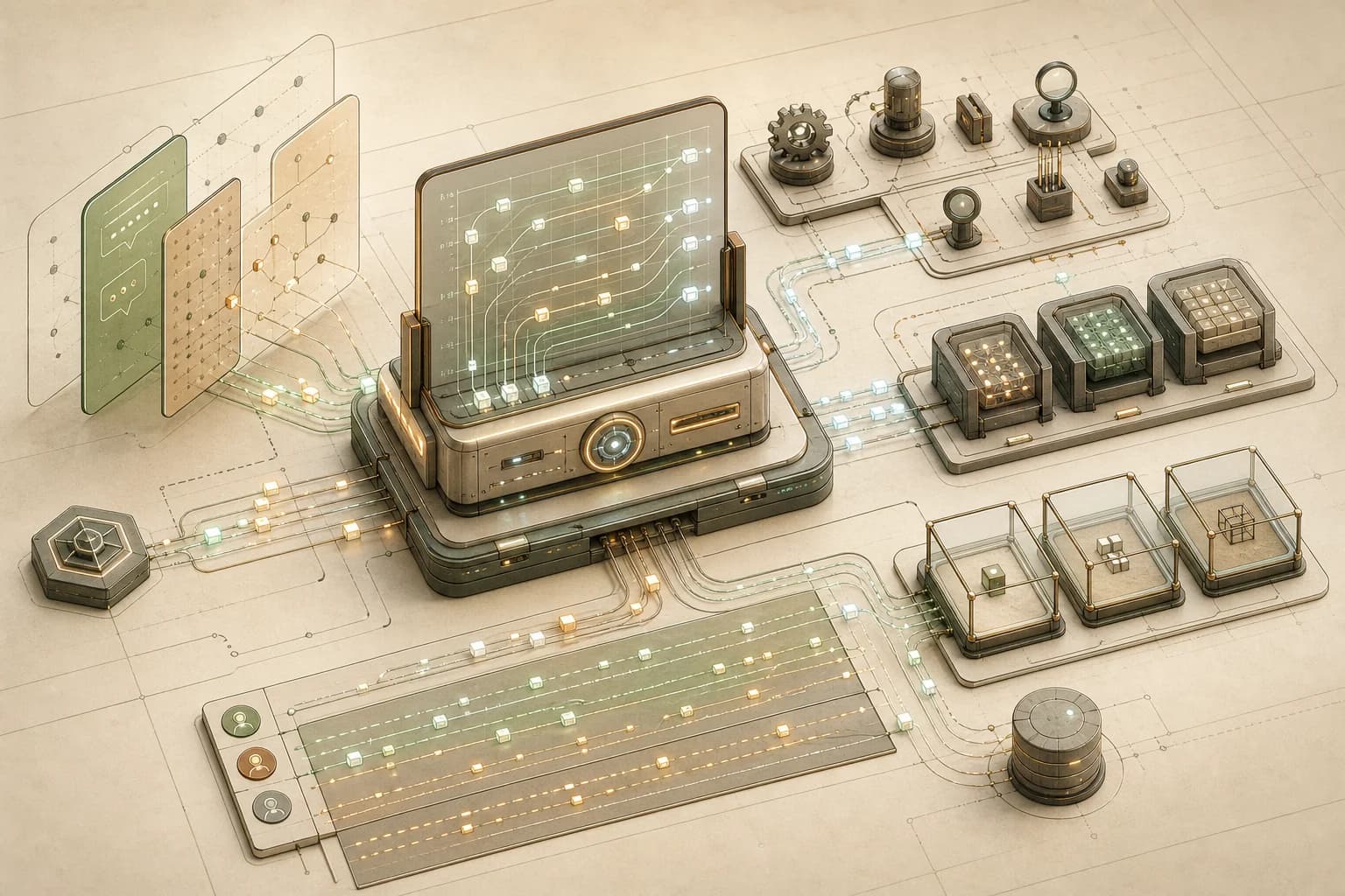 An original technical illustration of an AI agent gateway connected to channels, tools, models, state, and sandboxed execution boxes.